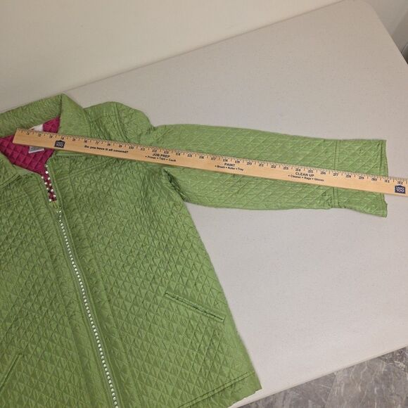 The Quacker Factory Silk Quilted Blazer Jacket Rhinestones Medium Green Pink QVC - Picture 11 of 13
